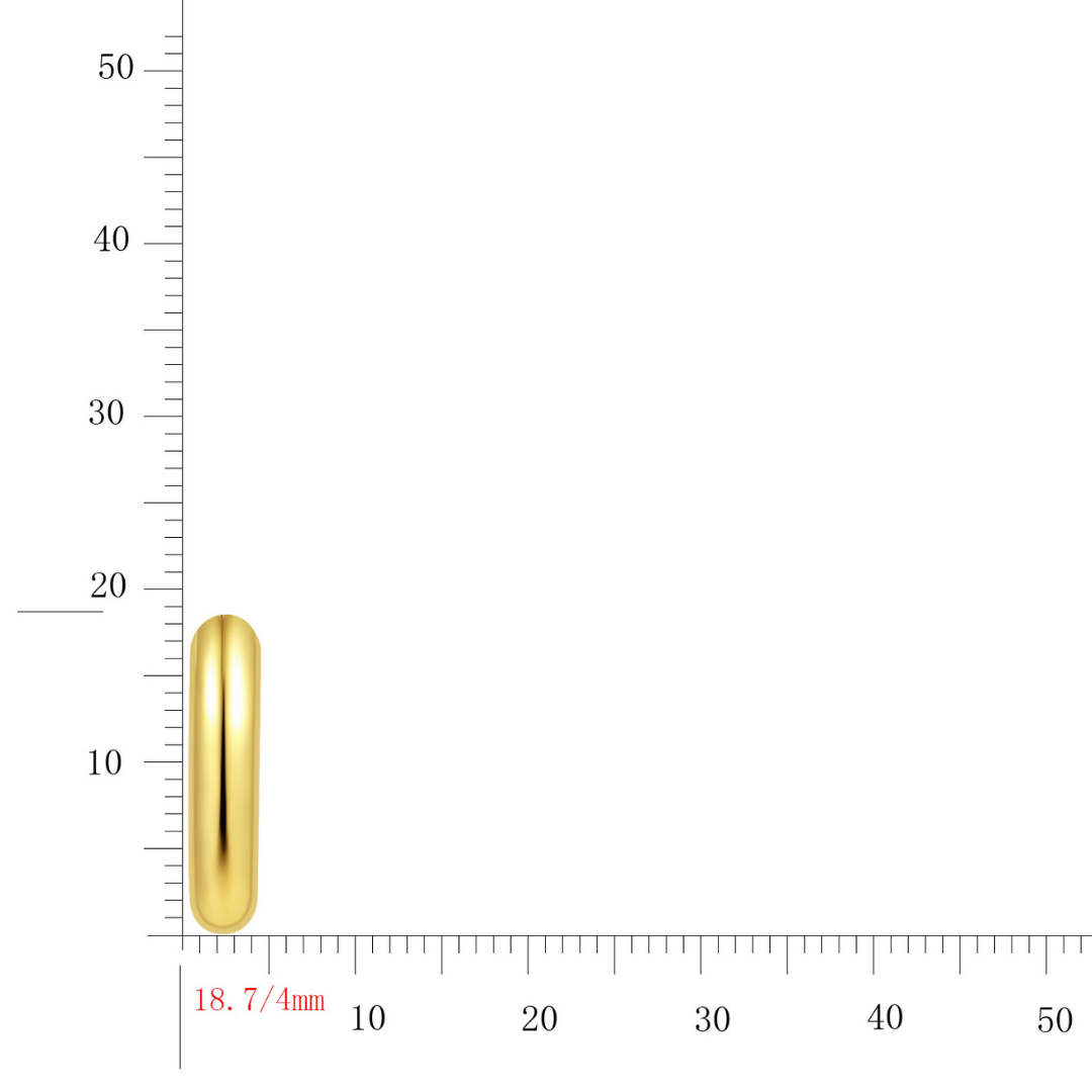 14K gold-plated minimalist oval hoop earrings from the Wealth Collection, shown with 18.7mm height and 4mm width for size reference — sleek, polished gold huggie hoops symbolizing modern prosperity and quiet luxury by Ploutos Jewellery.
