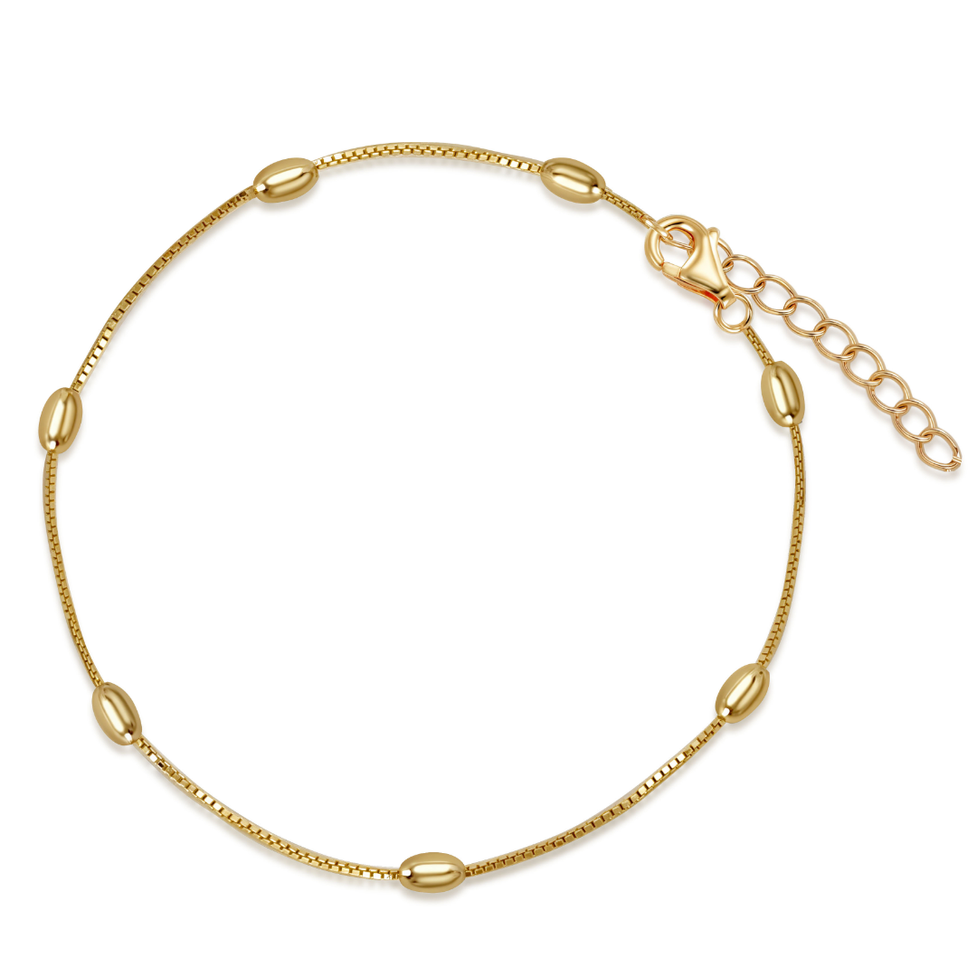 14K gold-plated beaded chain bracelet with adjustable clasp — elegant minimalist design featuring oval bead details, from the Wealth Collection by Ploutos Jewellery, symbolizing timeless prosperity and refined luxury.