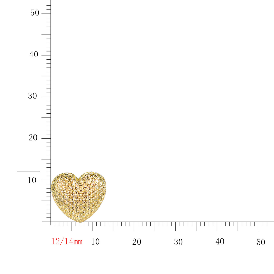 14k gold-plated textured heart stud earring with size measurement 12x14mm — elegant minimalist gold jewellery from the Wealth Collection by Ploutos Jewellery, symbolizing love and prosperity.