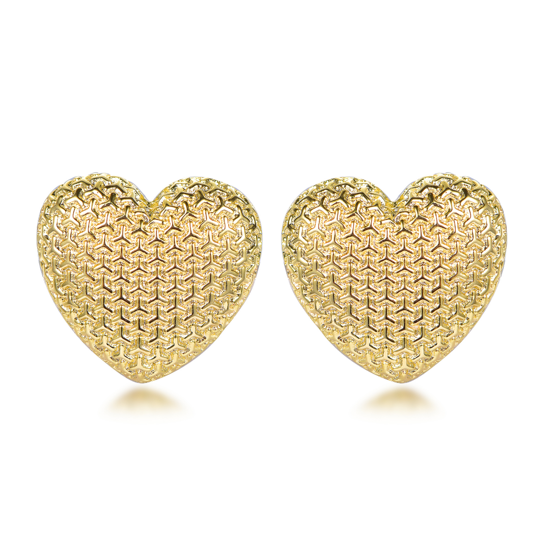 14k gold-plated heart stud earrings with textured woven pattern — elegant minimalist design from the Wealth Collection by Ploutos Jewellery, symbolizing love, prosperity, and timeless sophistication