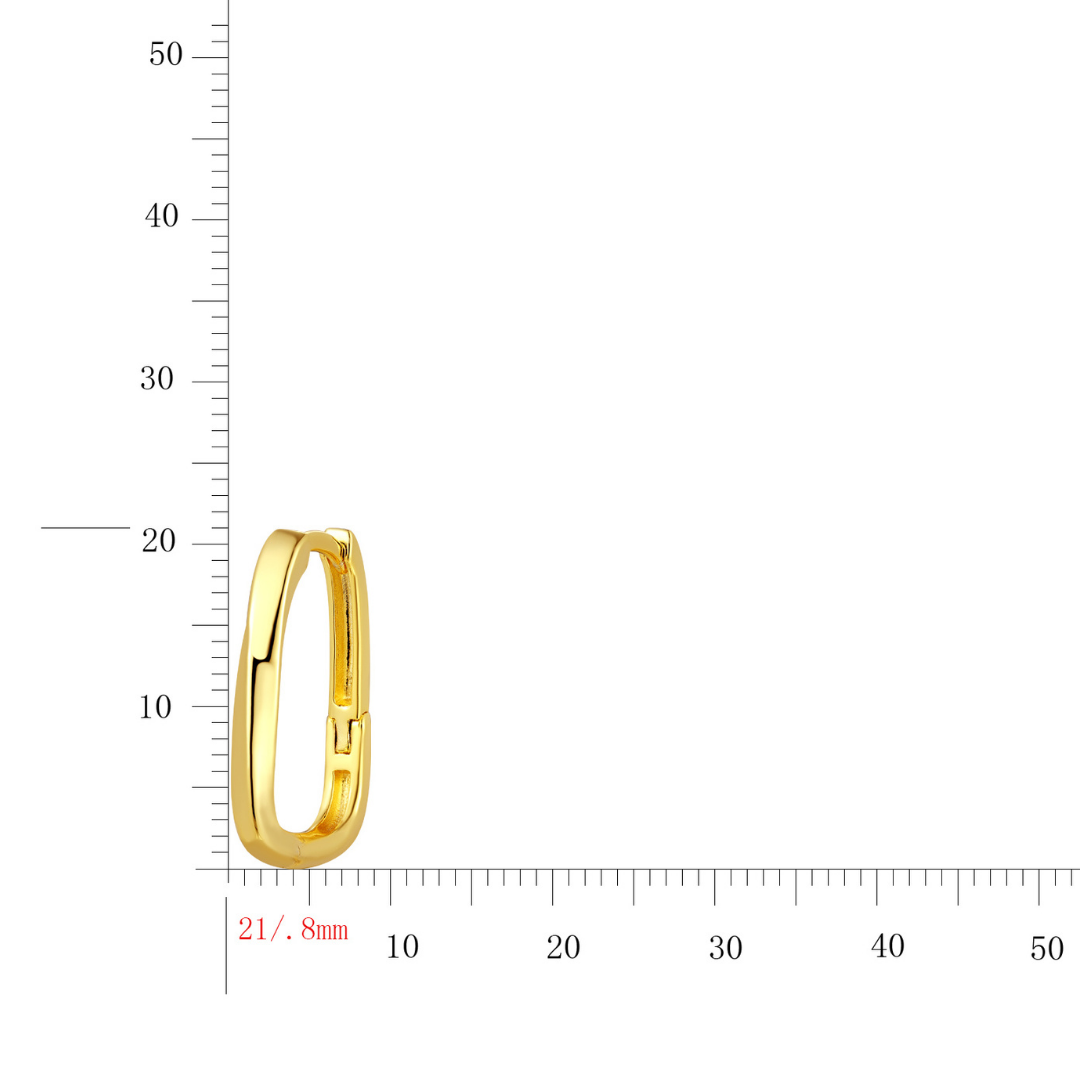 14K gold-plated rectangular hoop earring size chart — 21mm height and 1.8mm width, minimalist high-polish design from the Wealth Collection by Ploutos Jewellery, crafted for timeless sophistication.