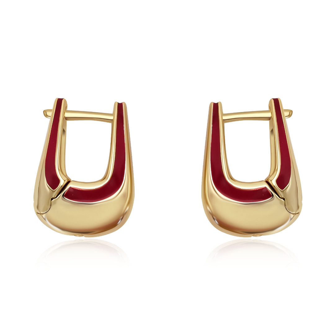 14K gold-plated hoop earrings with red enamel detailing from the Abundance Collection — bold modern design symbolizing vitality and confidence, by Ploutos Jewellery.