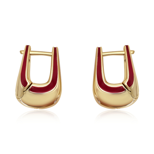 14K gold-plated hoop earrings with red enamel detailing from the Abundance Collection — bold modern design symbolizing vitality and confidence, by Ploutos Jewellery.