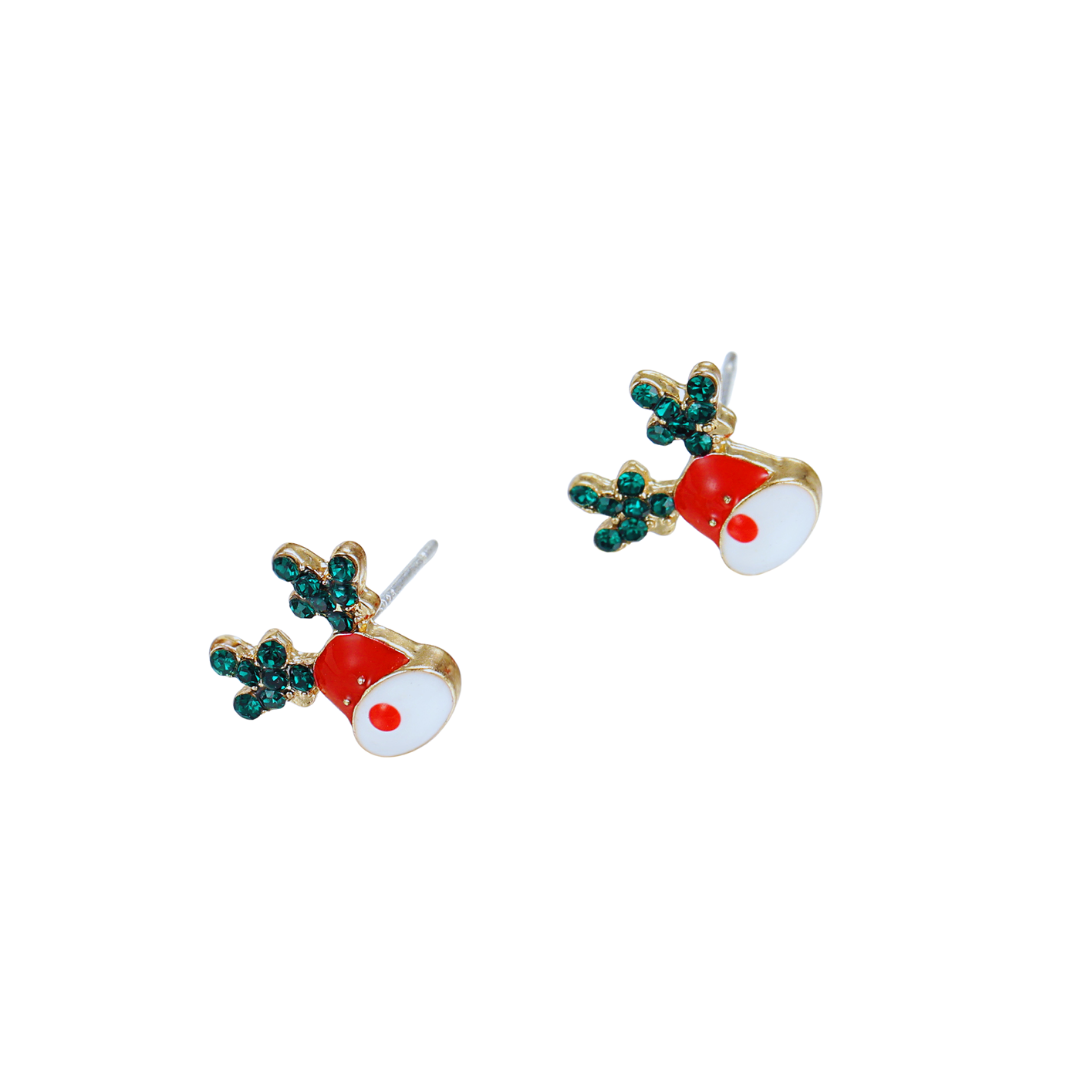 14K gold-plated reindeer stud earrings with hand-painted red and white enamel and green spinel antlers from the Abundance Collection — playful Christmas jewellery celebrating joy, abundance, and festive elegance, by Ploutos Jewellery.