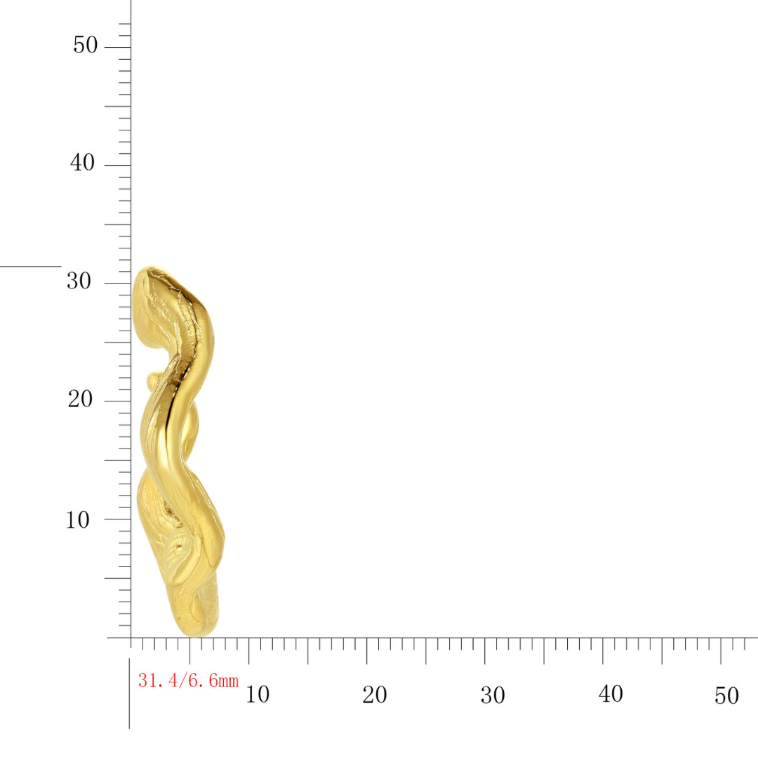 14K gold-plated sculptural hoop earrings from the Wealth Collection shown with 31.4mm height and 6.6mm width — handcrafted organic molten-texture gold hoops symbolizing flowing prosperity and quiet luxury by Ploutos Jewellery.
