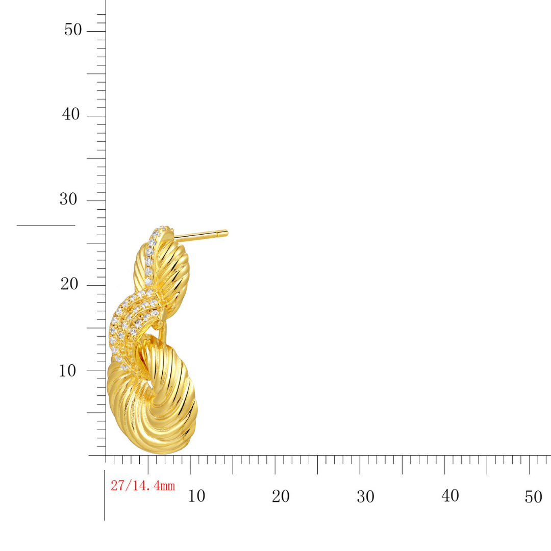 14K gold-plated spiral drop earrings with pavé zircon accents from the Wealth Collection, shown with 27mm height and 14.4mm width for size reference — elegant luxury jewellery by Ploutos Jewellery.