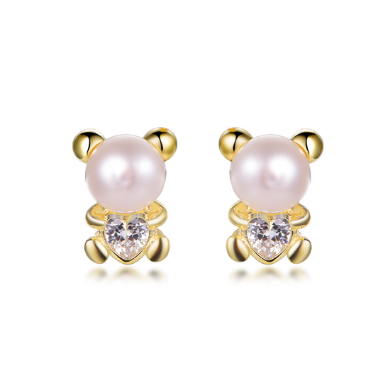14K gold-plated teddy bear shell pearl stud earrings from the Abundance Collection — featuring luminous shell pearls and heart-shaped cubic zirconia, symbolizing love, joy, and feminine abundance by Ploutos Jewellery.