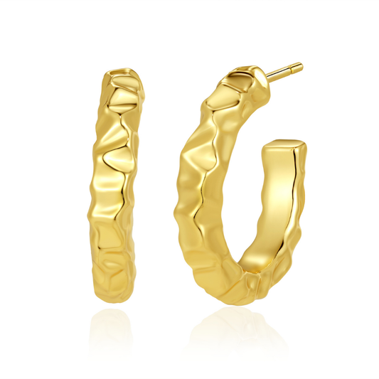 14K gold-plated textured hoop earrings from the Wealth Collection — hammered-style surface design reflecting strength and timeless prosperity, embodying modern quiet luxury by Ploutos Jewellery.