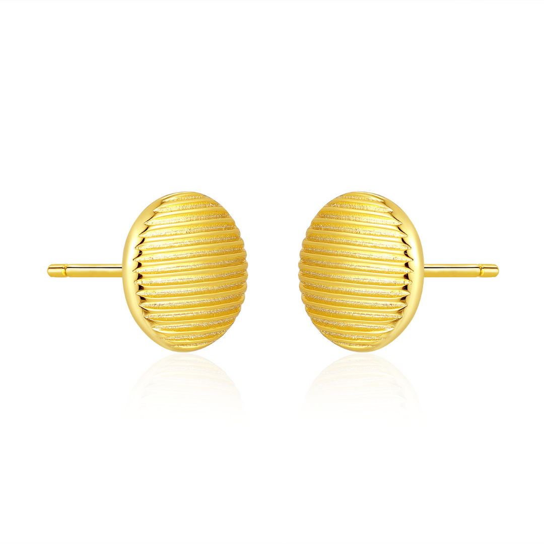 14K gold-plated textured oval stud earrings from the Wealth Collection — minimalist ribbed design symbolizing timeless prosperity and refined elegance, by Ploutos Jewellery.