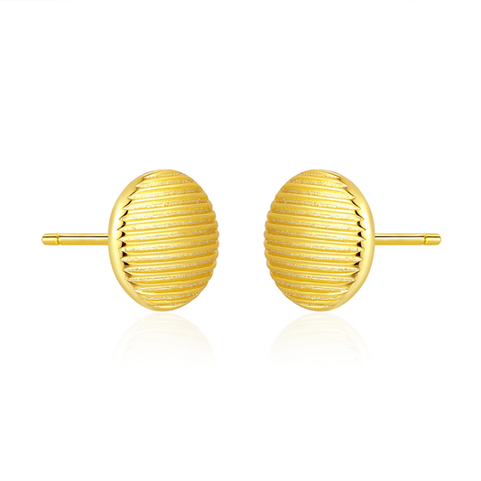 14K gold-plated textured oval stud earrings from the Wealth Collection — minimalist ribbed design symbolizing timeless prosperity and refined elegance, by Ploutos Jewellery.
