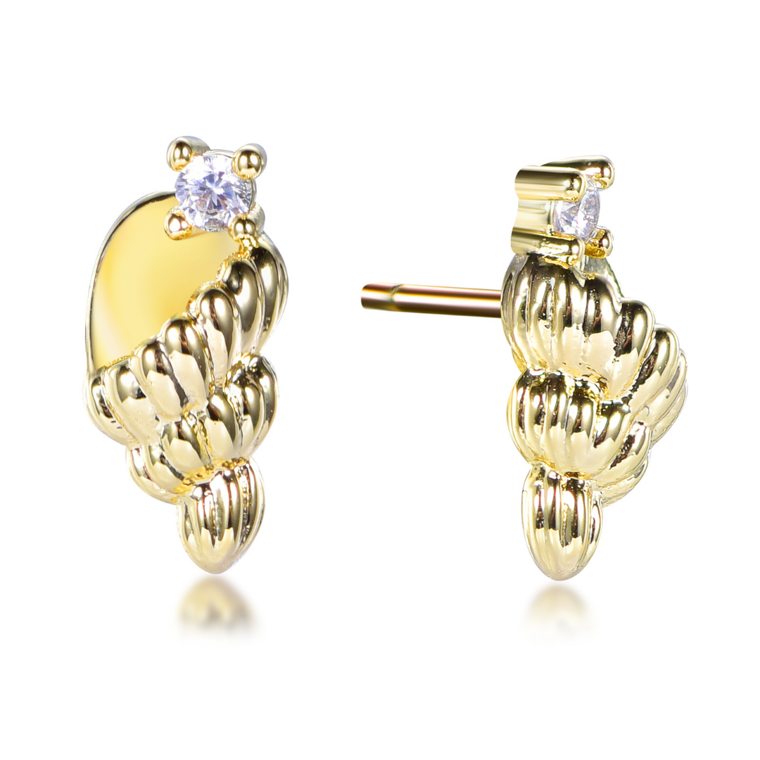 14K gold-plated textured stud earrings with cubic zirconia crystal from the Abundance Collection — elegant handcrafted jewellery symbolizing prosperity and fullness, by Ploutos Jewellery.
