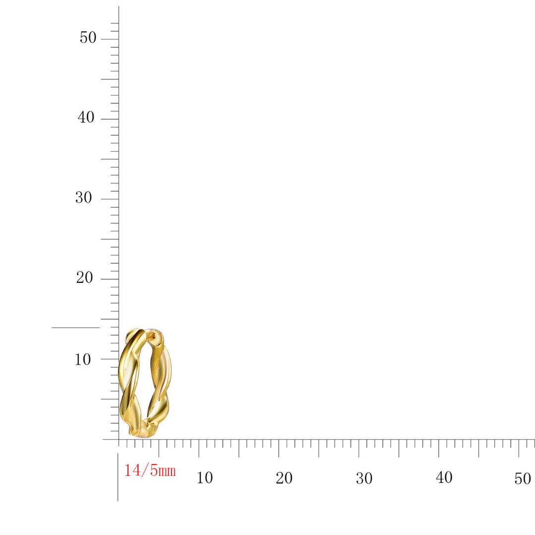 14K gold-plated twisted hoop earrings size chart — 14mm height and 5mm width, elegant intertwined design symbolizing wealth and prosperity, part of the Ploutos Jewellery Wealth Collection.