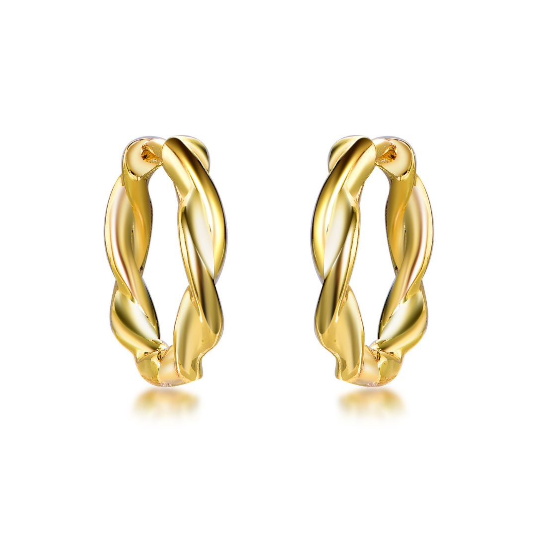 14K gold-plated twisted hoop earrings from the Wealth Collection — elegant intertwined design symbolizing unity and prosperity, high-shine finish handcrafted by Ploutos Jewellery.