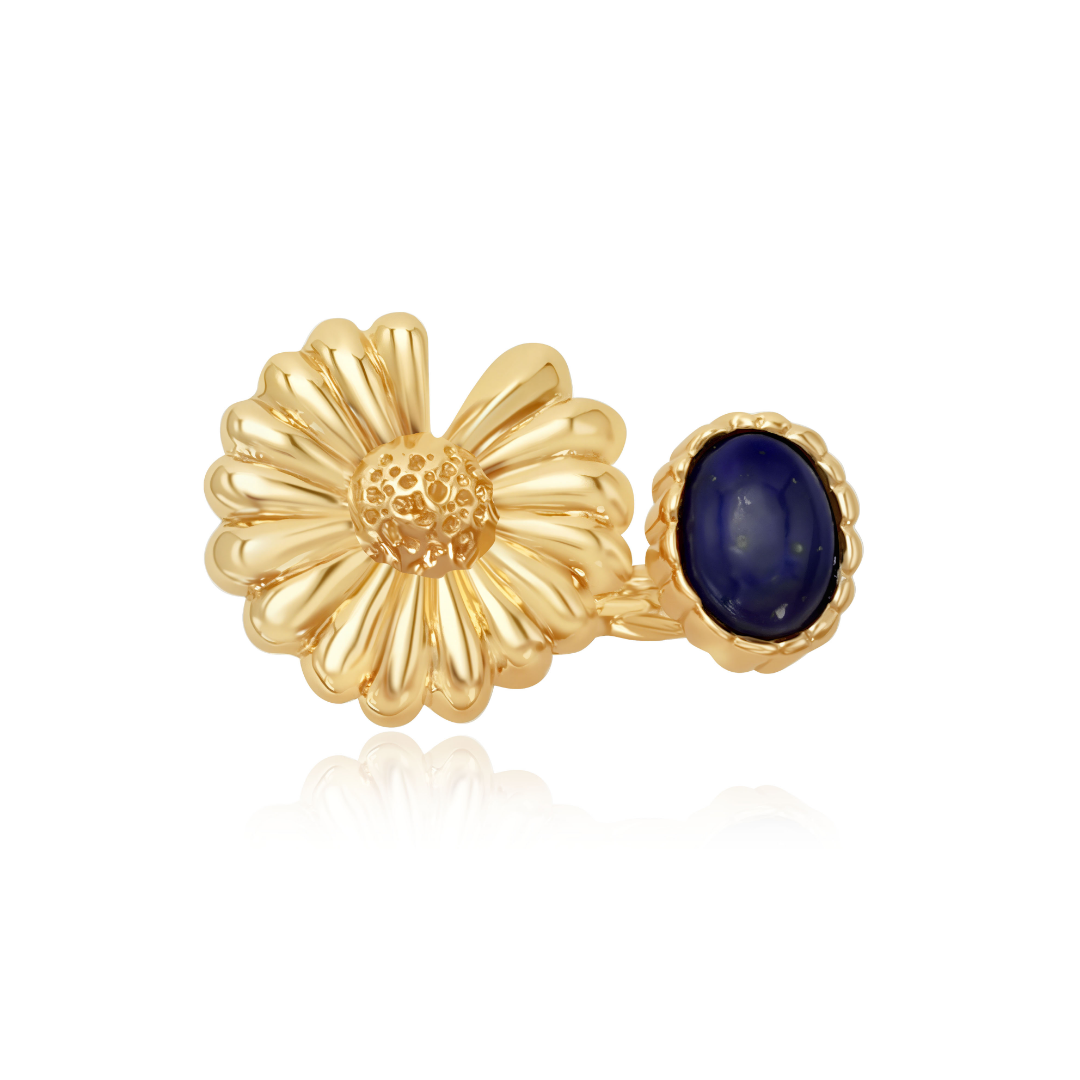 18K gold-plated flower ring with natural lapis lazuli gemstone — elegant adjustable floral design for women, handcrafted fine jewellery by Ploutos Jewellery.