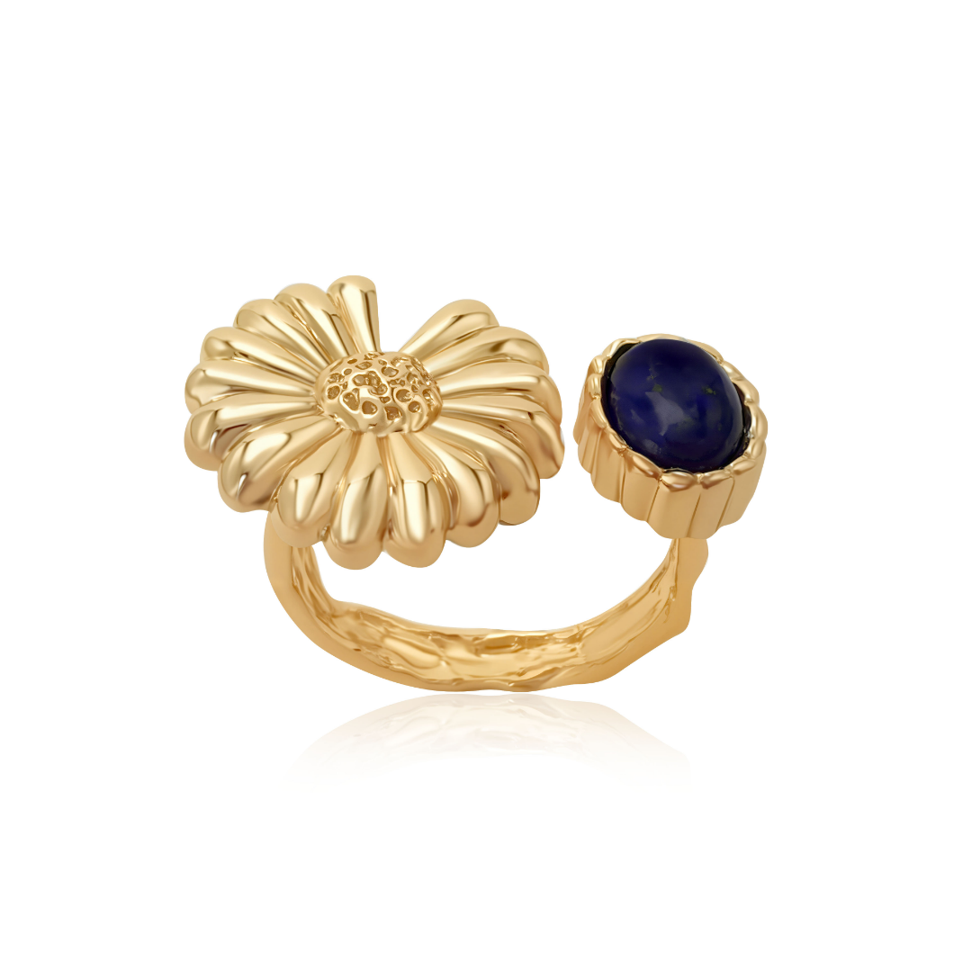 18K gold-plated open flower ring with natural lapis lazuli gemstone — adjustable handcrafted statement ring for women, luxury floral jewellery by Ploutos Jewellery.