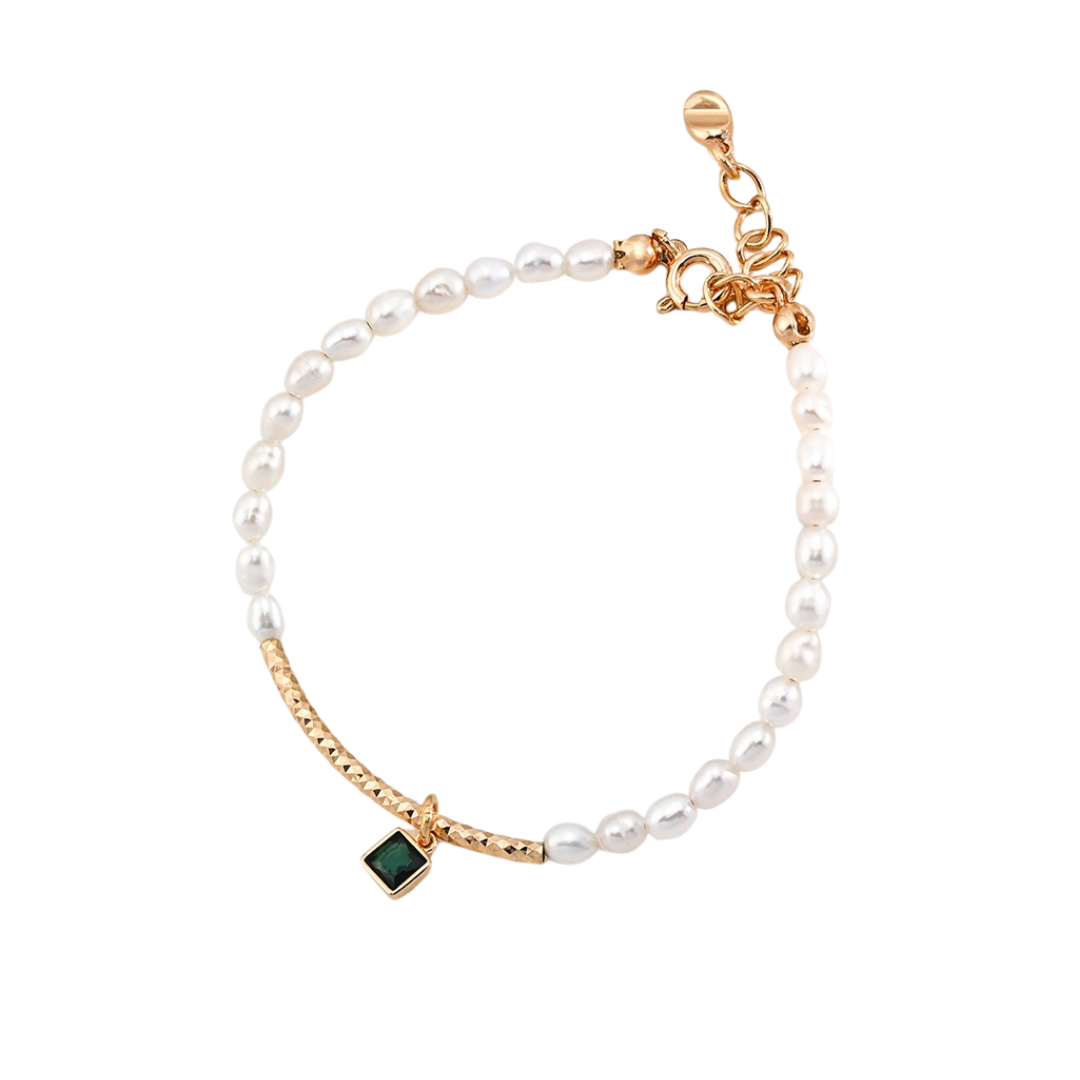 18K gold-plated freshwater pearl bracelet with green cubic zirconia pendant — elegant handmade beaded bracelet for women, minimalist fine jewellery by Ploutos Jewellery.