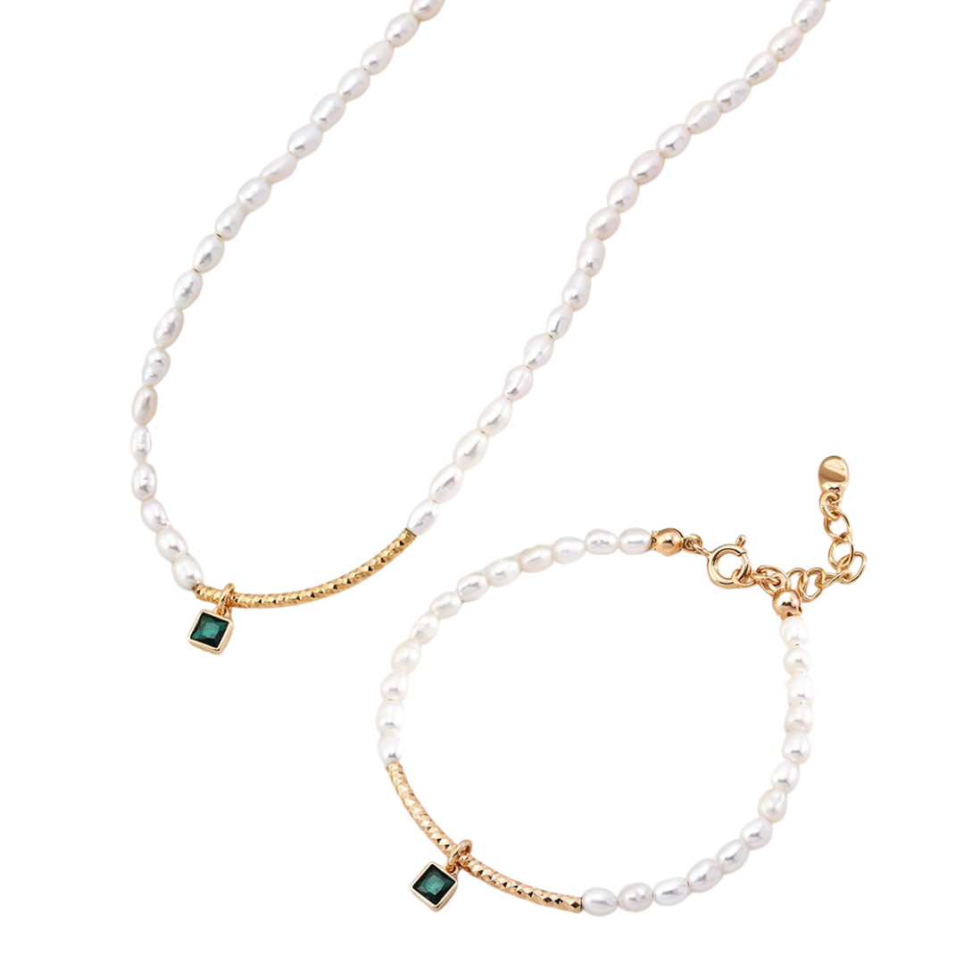 18K gold-plated freshwater pearl necklace and bracelet set with green cubic zirconia pendant — elegant matching jewellery set for women, handmade luxury design by Ploutos Jewellery.
