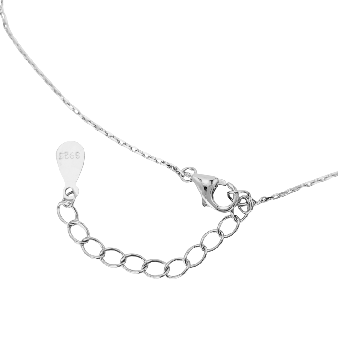 Close-up of Ploutos Jewellery 925 sterling silver necklace clasp and extension chain, showcasing fine craftsmanship and durable lobster clasp design. Elegant detail from the Divine Grace Layered Cross Necklace — part of the Cosmic Energy Collection.