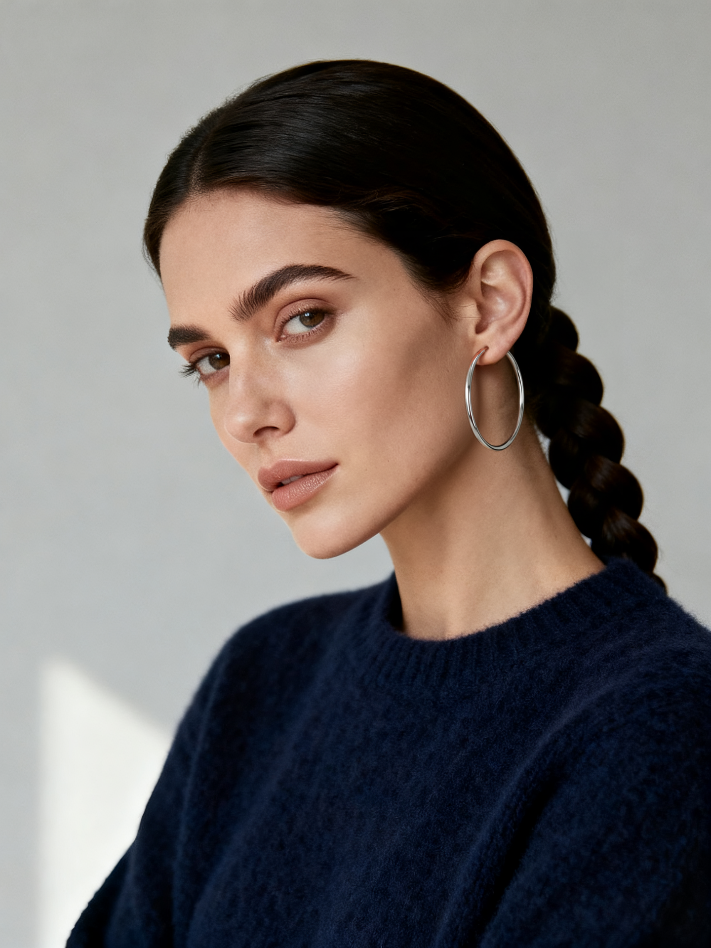 Model wearing Ploutos Jewellery Astra 50mm Classic Smooth Silver Hoop Earrings — 925 sterling silver large hoops with mirror-polished finish, minimalist and timeless design from the Abundance Collection, exuding effortless elegance and modern confidence.