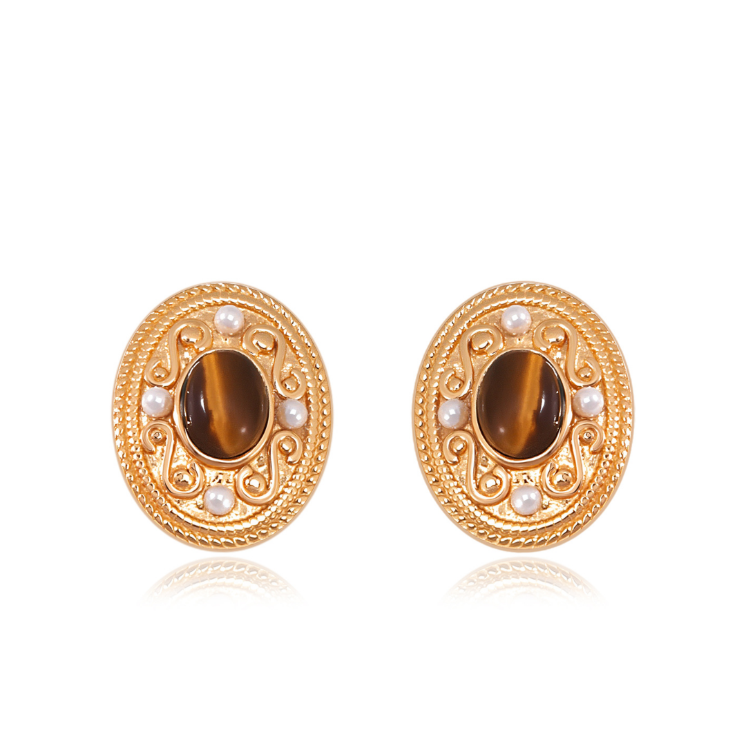 18k gold-plated Aurelia Tiger Eye Stud Earrings — handcrafted 925 sterling silver with tiger’s eye gemstones and pearl accents from the Cosmic Energy Collection by Ploutos Jewellery. Symbolizing protection, confidence, and grounding energy.
