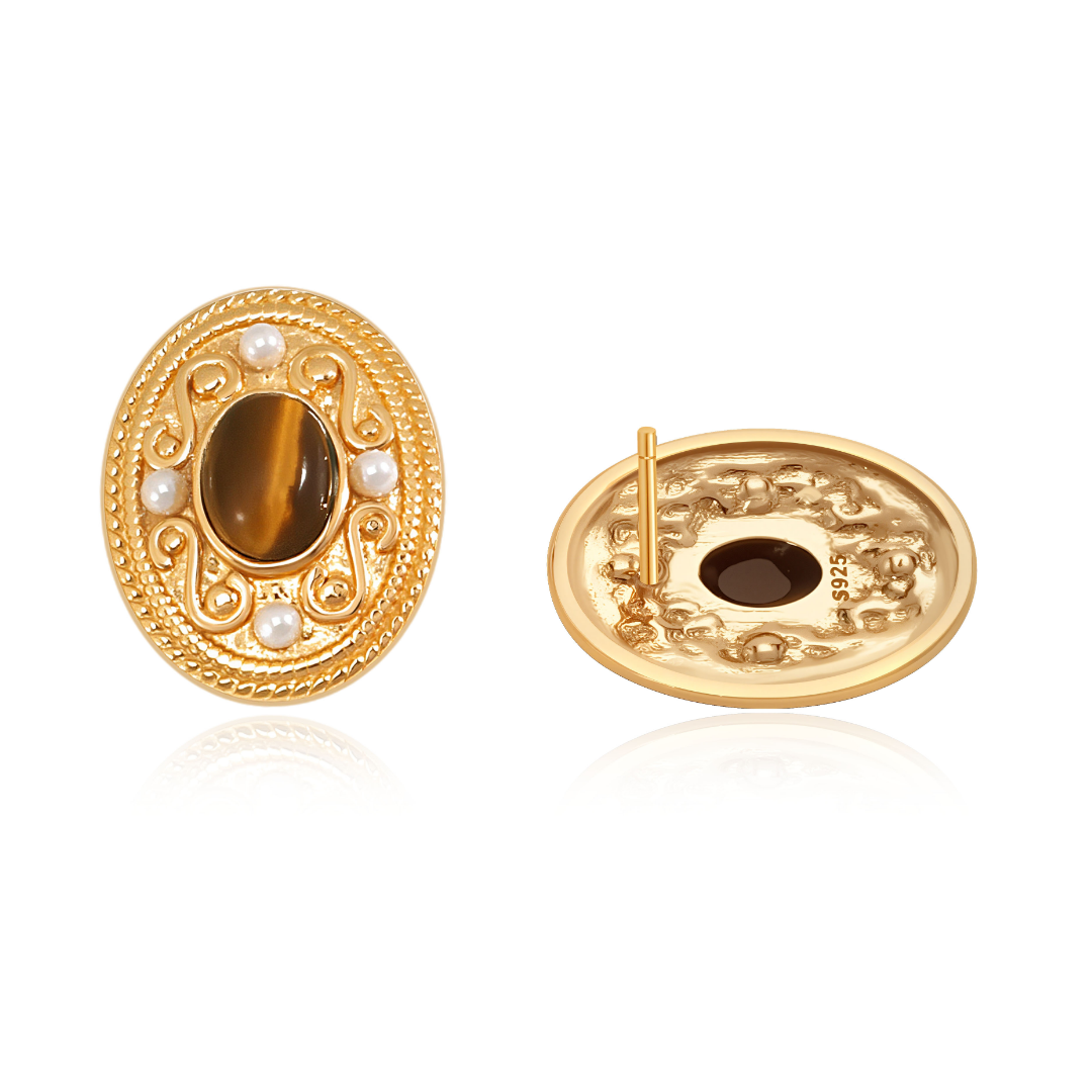 Back and front view of Aurelia Tiger Eye Stud Earrings — 18k gold-plated 925 sterling silver with tiger’s eye gemstone and pearl detailing, handcrafted luxury earrings from the Cosmic Energy Collection by Ploutos Jewellery.