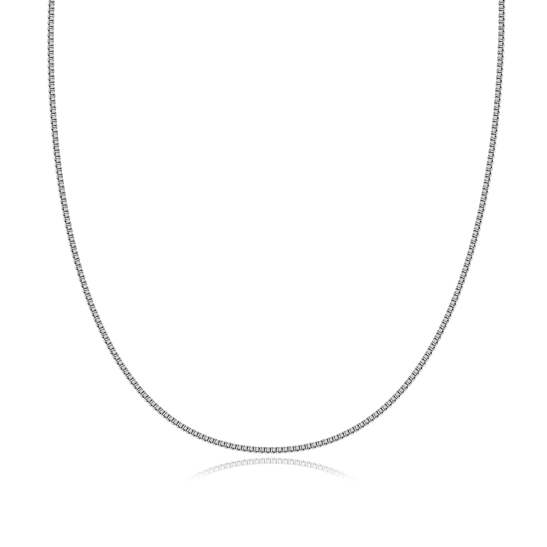 Box Gleam Chain Necklace in 925 sterling silver — minimalist box-link design from the Abundance Collection by Ploutos Jewellery. Features precision-crafted square links that reflect light with a modern, architectural brilliance for everyday elegance。