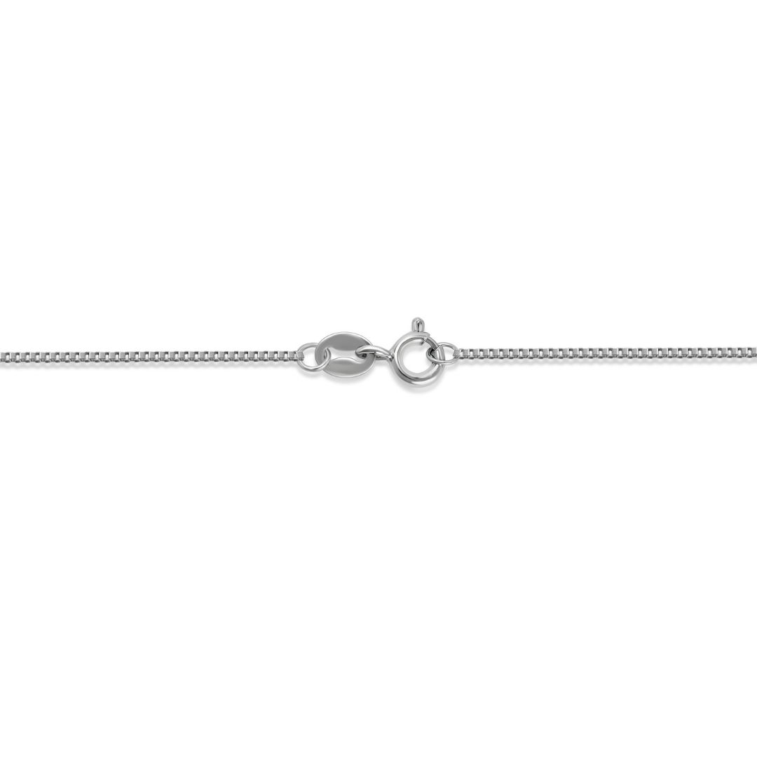 Close-up of Box Gleam Chain clasp in 925 sterling silver — precision-crafted box-link necklace from the Abundance Collection by Ploutos Jewellery. Features a secure spring-ring clasp and polished square links for modern minimalist shine.