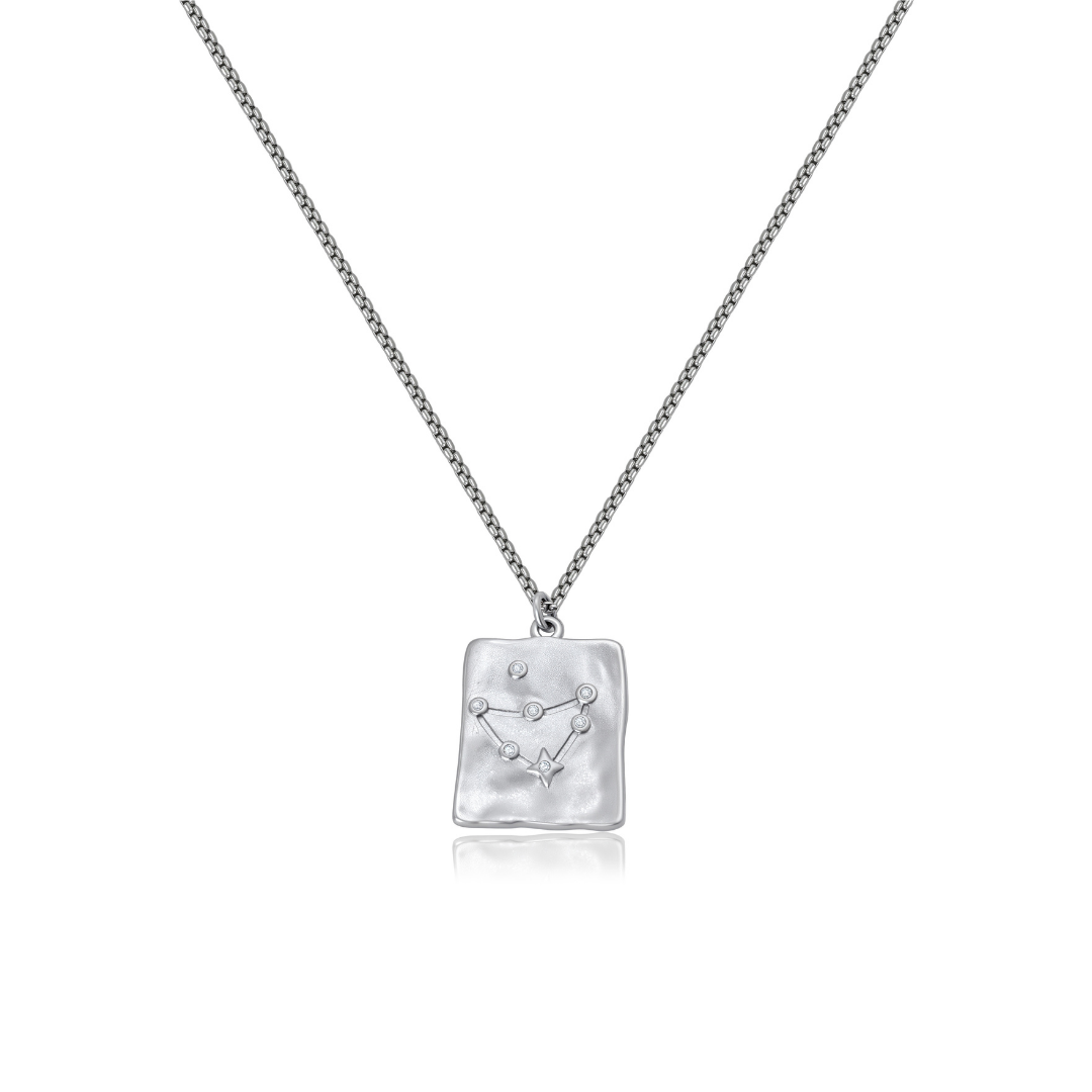 Ploutos Jewellery Capricorn Constellation Necklace in 925 sterling silver — minimalist astrology pendant featuring the engraved Capricorn star map with subtle cubic zirconia accents. A timeless celestial piece from the Cosmic Energy Collection symbolising ambition, patience, and inner strength.