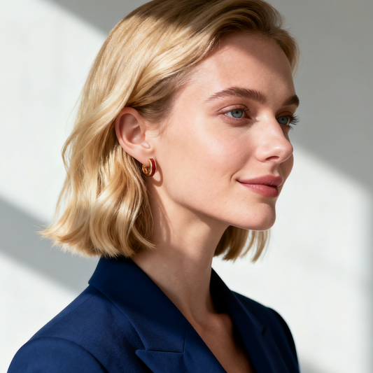 Model wearing Ploutos Jewellery Crimson Enamel Statement Hoop Earrings — 18K gold-plated recycled 925 sterling silver hoops with deep red dripping enamel. From the Wealth Collection, these modern earrings exude quiet luxury and confidence, perfectly complementing elegant everyday style.