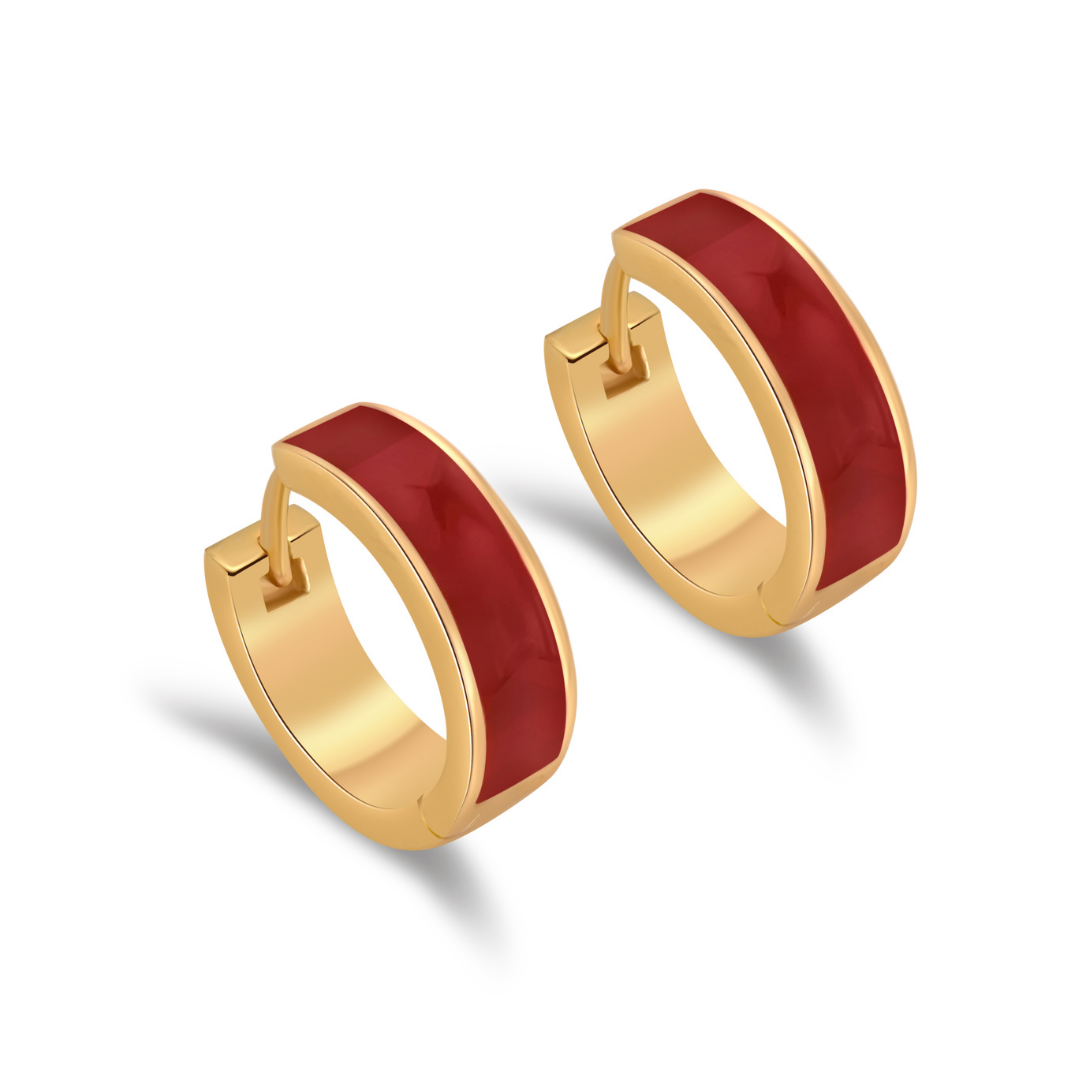 Ploutos Jewellery Crimson Enamel Statement Hoop Earrings — handcrafted 18K gold-plated recycled 925 sterling silver hoops featuring deep red dripping enamel. These luxurious, glossy-finish earrings from the Wealth Collection symbolize passion, confidence, and timeless elegance for modern women.