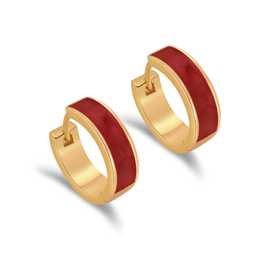 Ploutos Jewellery Crimson Enamel Statement Hoop Earrings — handcrafted 18K gold-plated recycled 925 sterling silver hoops featuring deep red dripping enamel. These luxurious, glossy-finish earrings from the Wealth Collection symbolize passion, confidence, and timeless elegance for modern women.