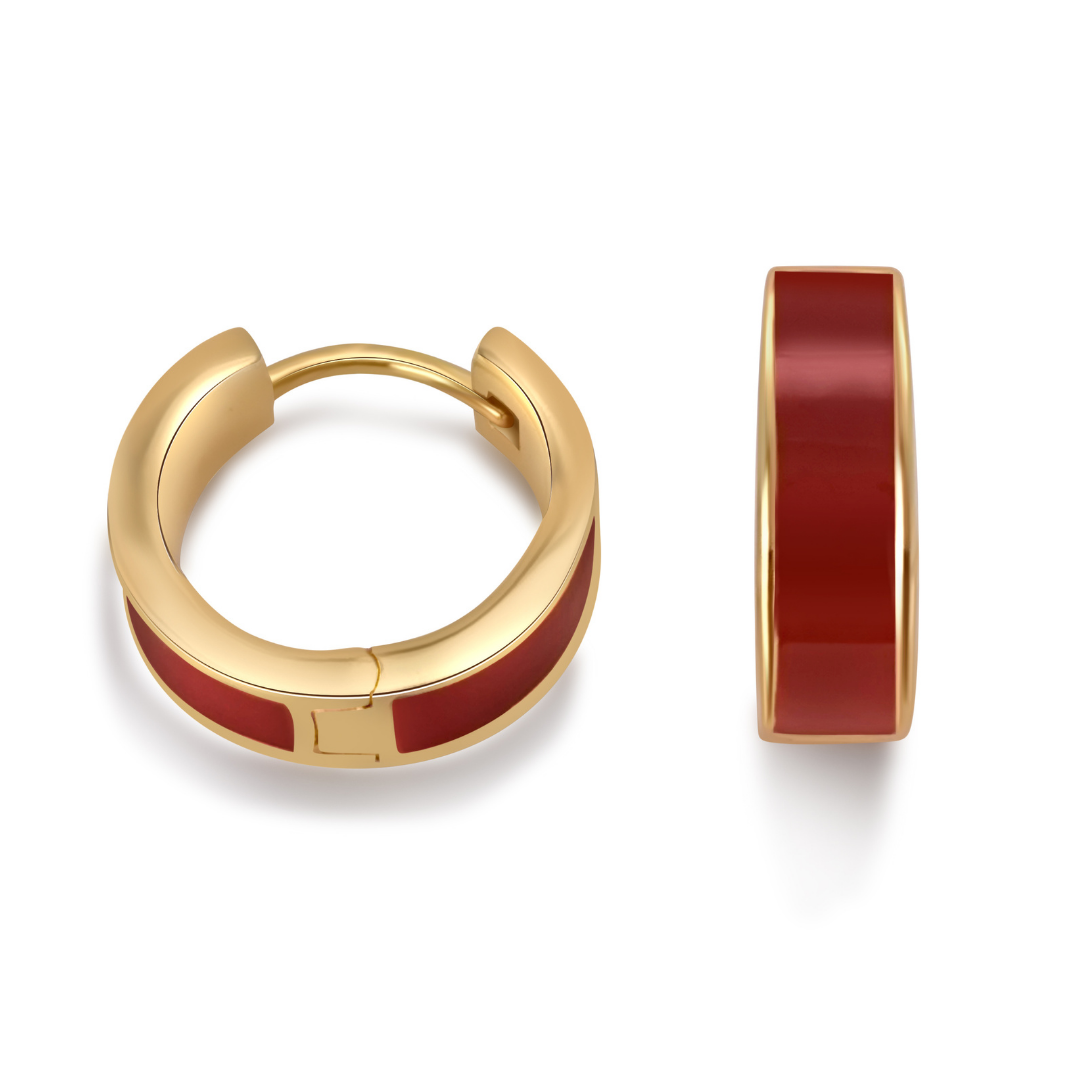 Close-up of Ploutos Jewellery Crimson Enamel Statement Hoop Earrings — 18K gold-plated recycled 925 sterling silver with deep red dripping enamel. Side and front views showcase the smooth, high-gloss finish and bold modern silhouette from the Wealth Collection, symbolizing strength and sophistication.