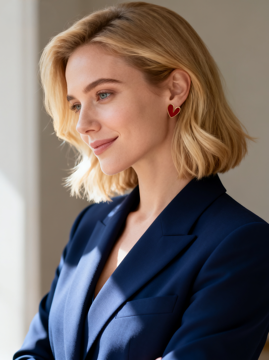 Model wearing the Ploutos Jewellery Crimson Heart Enamel Stud Earrings — bold red heart-shaped earrings crafted in 18K gold-plated recycled 925 sterling silver. From the Abundance Collection, these earrings feature a glossy deep-red enamel finish symbolizing love, passion, and confidence, adding a playful yet elegant touch to modern style.
