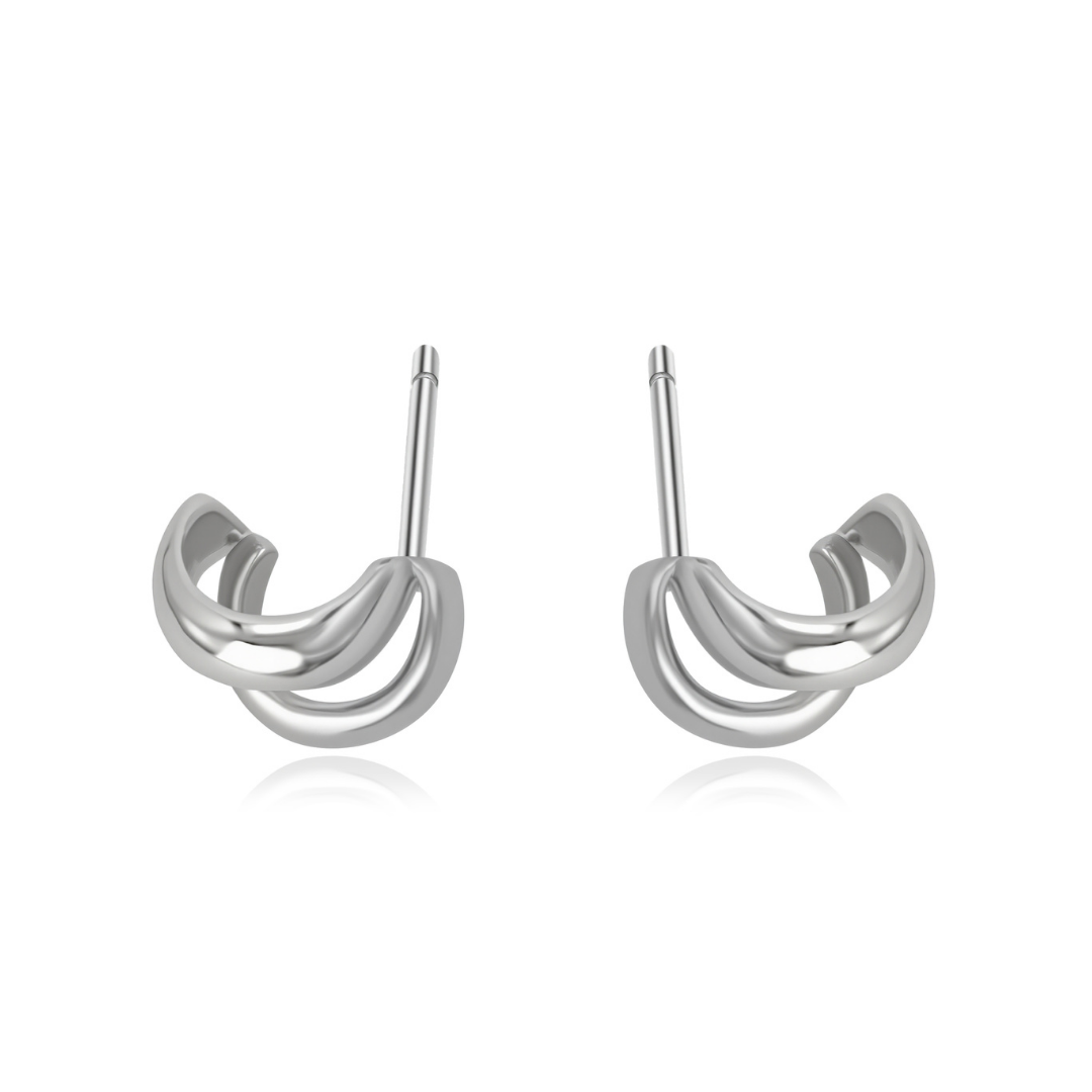 Eclipse Duo Hoop Earrings in 925 sterling silver from Ploutos Jewellery’s Abundance Collection — modern double-layer curved hoops symbolising duality, unity, and quiet sophistication, designed for timeless everyday elegance.