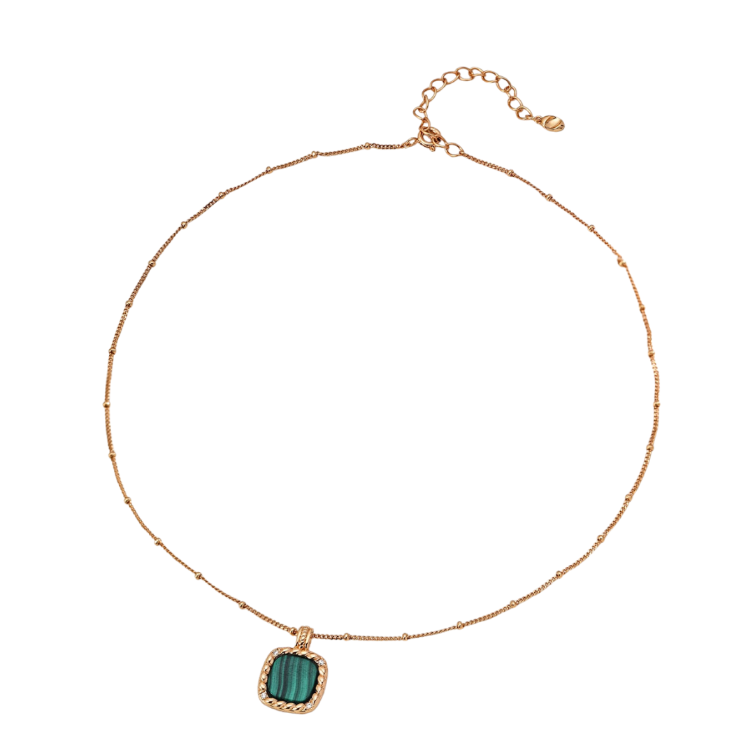 Ploutos Jewellery Emerald Crest Malachite Gold Choker Necklace — minimalist 18K gold-plated 925 sterling silver chain featuring a square malachite gemstone pendant framed with twisted gold detailing and subtle cubic zirconia accents. A refined Cosmic Energy Collection piece symbolizing transformation, balance, and grounded beauty.