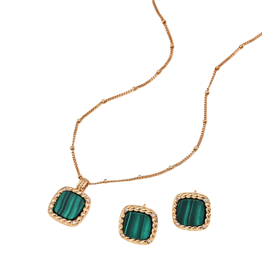 Ploutos Jewellery Emerald Crest Malachite Necklace and Earring Set — handcrafted 18K gold-plated 925 sterling silver jewellery featuring deep green malachite gemstones with cubic zirconia accents. Elegant gold and green gemstone set from the Cosmic Energy Collection symbolizing renewal, protection, and balance.
