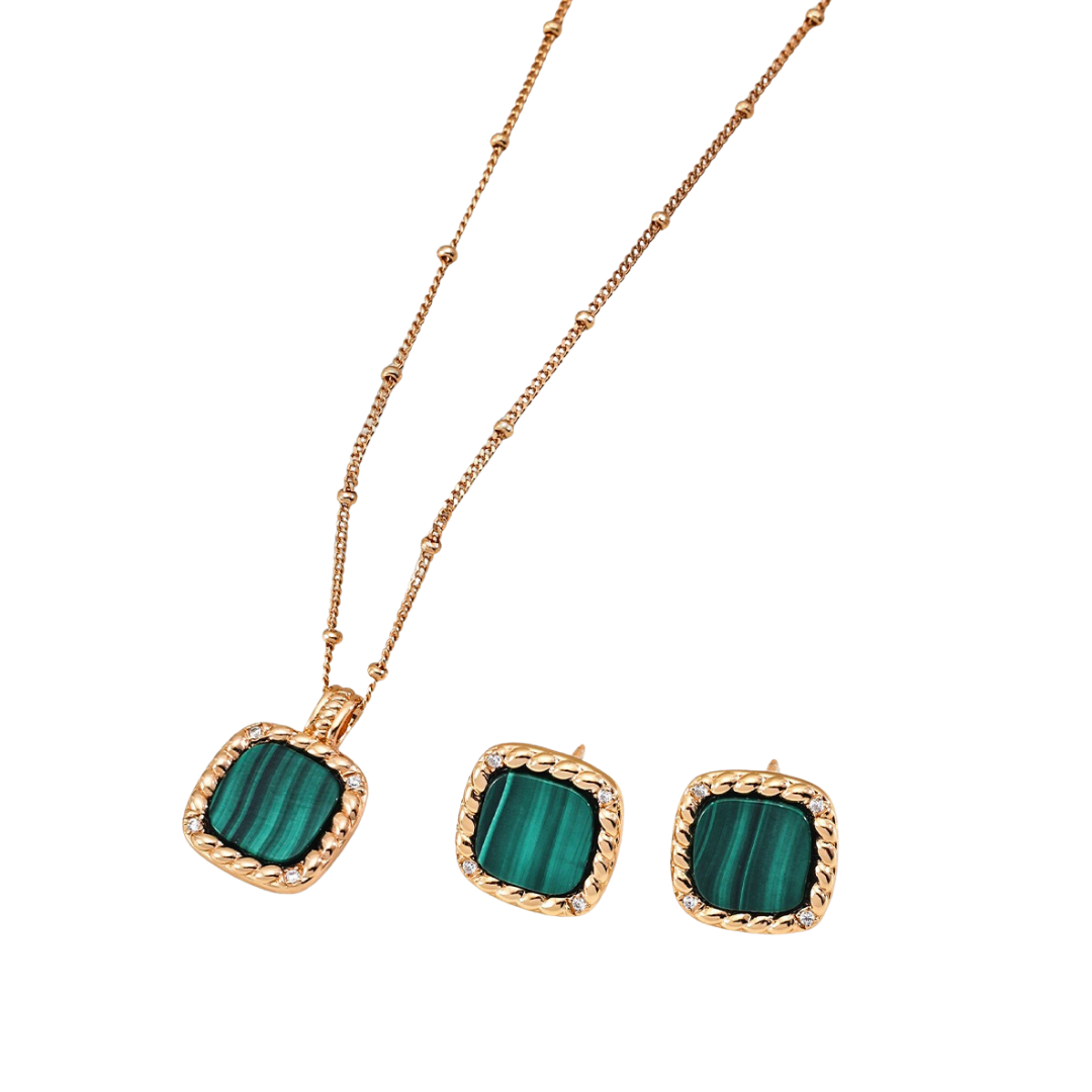 Ploutos Jewellery Emerald Crest Malachite Necklace and Earring Set — 18K gold-plated 925 sterling silver jewellery featuring vivid green malachite gemstones with intricate rope-textured frames and cubic zirconia accents. Elegant gemstone set from the Cosmic Energy Collection symbolizing renewal, balance, and transformation.