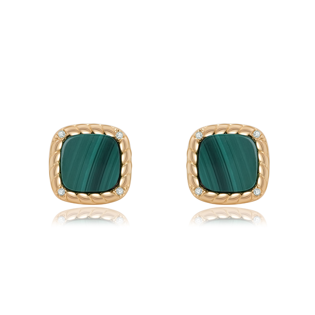 Ploutos Jewellery Emerald Crest Malachite Gold Stud Earrings — elegant 18K gold-plated 925 sterling silver studs featuring deep green malachite gemstones framed with twisted gold detailing and cubic zirconia accents. A signature piece from the Cosmic Energy Collection, symbolizing transformation, balance, and inner strength.