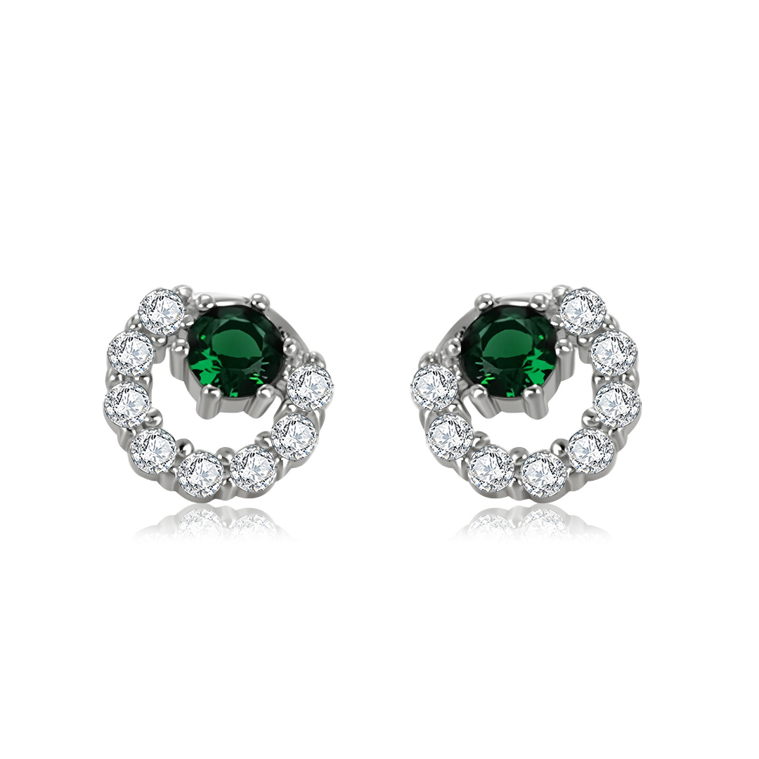 Emerald Orbit Stud Earrings in 925 sterling silver — green zircon center surrounded by brilliant white stones from the Abundance Collection by Ploutos Jewellery. Elegant circular design symbolizing harmony, renewal, and timeless sophistication.
