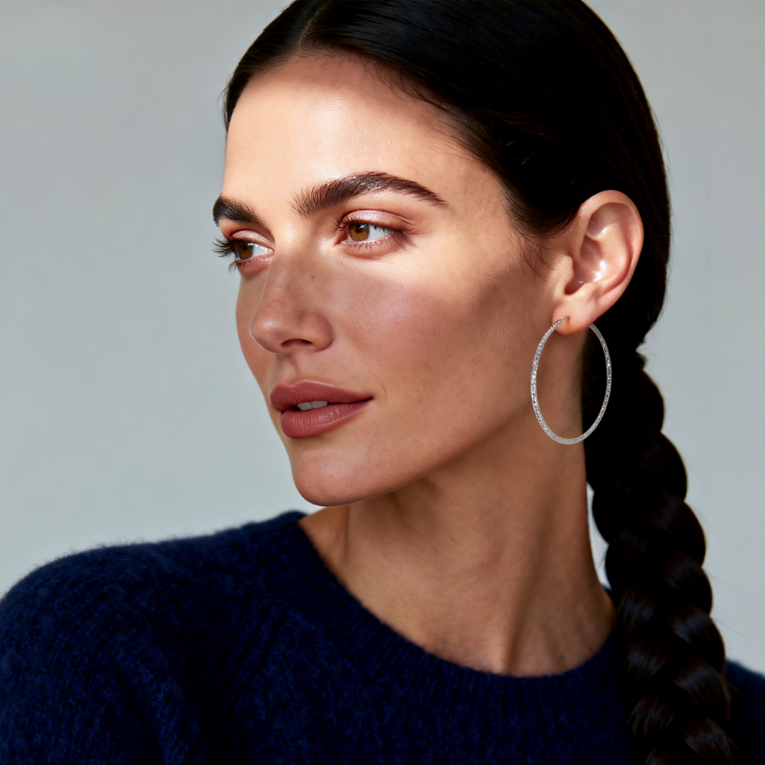Model wearing Ploutos Jewellery Eterna 50mm Twisted Silver Hoop Earrings — handcrafted 925 sterling silver hoops with elegant twisted design, lightweight large statement earrings from the Abundance Collection reflecting light and timeless sophistication.