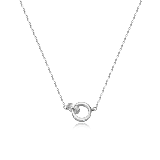 Ploutos Jewellery Eternal Bond Necklace — handcrafted 925 sterling silver necklace with two interlocking circles symbolising unity, love, and strength. A minimalist, modern design from the Abundance Collection, perfect for layering or wearing solo.