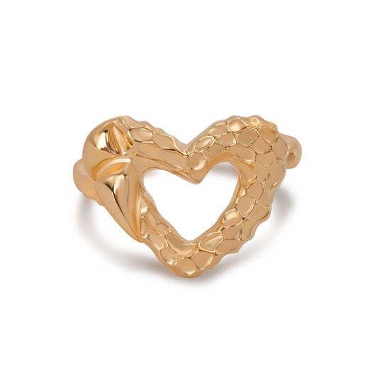 Ploutos Jewellery Eternal Heart Gold Ring — handcrafted from 18K vintage gold-plated recycled 925 sterling silver. This sculptural open-heart ring from the Abundance Collection features a textured, organic design that reflects light beautifully, symbolizing love, authenticity, and quiet confidence.