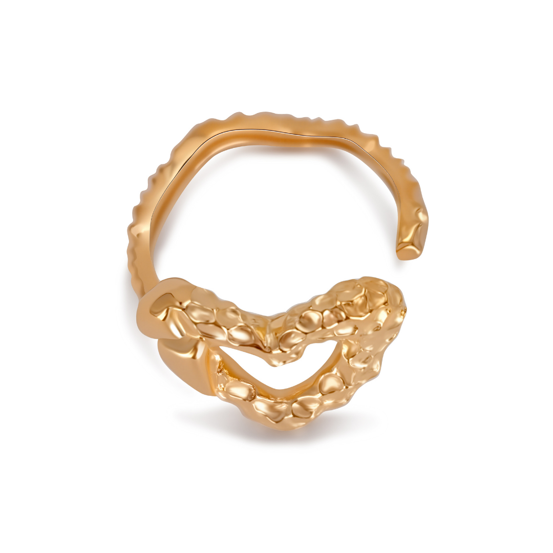 Back view of the Ploutos Jewellery Eternal Heart Gold Ring — 18K vintage gold-plated recycled 925 sterling silver with an open adjustable band. This sculptural heart ring from the Abundance Collection features an organic, textured finish symbolizing natural beauty, warmth, and self-love.