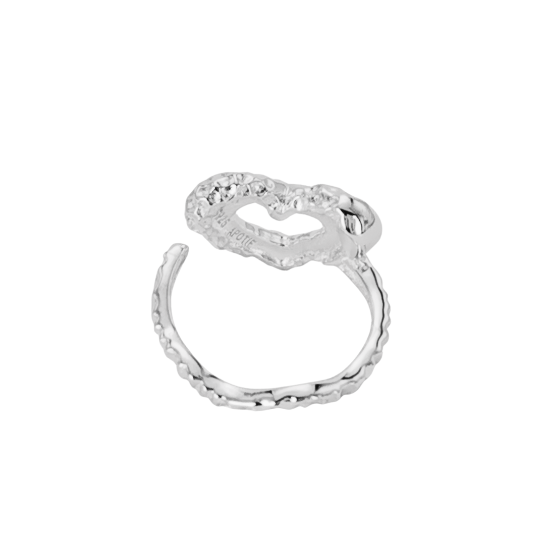 Back view of Ploutos Jewellery Eternal Heart Silver Ring — rhodium-plated recycled 925 sterling silver with an open adjustable band and sculptural heart-shaped design. A modern, textured statement piece from the Abundance Collection symbolizing love, authenticity, and emotional strength.