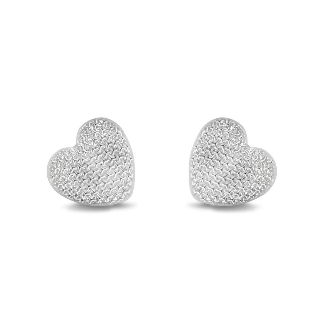 Ploutos Jewellery Eternal Heart Silver Stud Earrings — rhodium-plated recycled 925 sterling silver heart studs with a delicately textured surface. From the Abundance Collection, these minimalist earrings symbolize timeless love and understated everyday elegance.