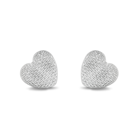 Ploutos Jewellery Eternal Heart Silver Stud Earrings — rhodium-plated recycled 925 sterling silver heart studs with a delicately textured surface. From the Abundance Collection, these minimalist earrings symbolize timeless love and understated everyday elegance.