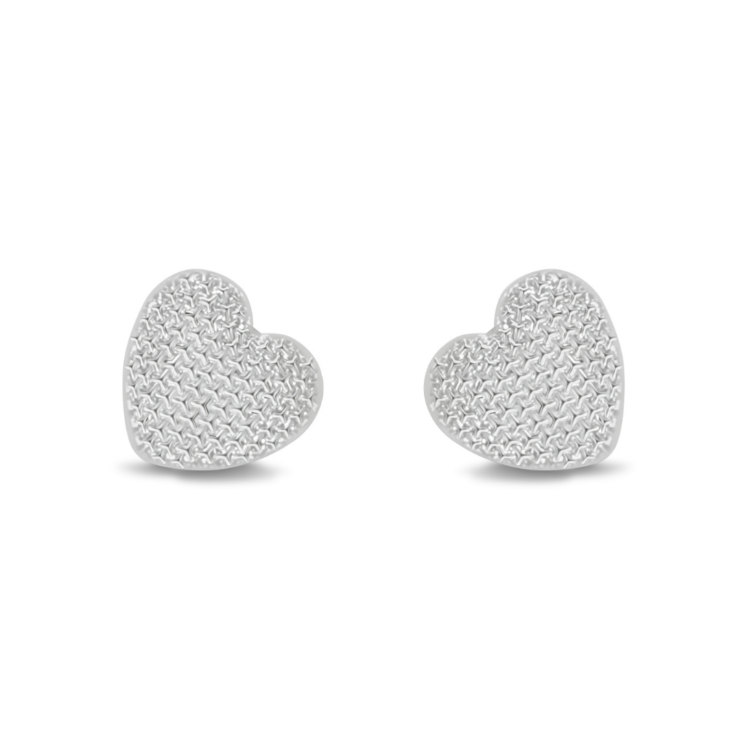 Ploutos Jewellery Eternal Heart Silver Stud Earrings — minimalist rhodium-plated 925 sterling silver heart studs with delicate textured detailing. From the Abundance Collection, symbolizing timeless love and everyday elegance.