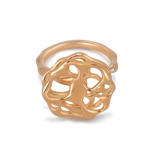 Ploutos Jewellery Ethereal Motion Gold Ring — 18K gold-plated 925 sterling silver adjustable ring with a rotating sculptural design. A modern statement piece symbolizing movement, creativity, and individuality from the Abundance Collection.