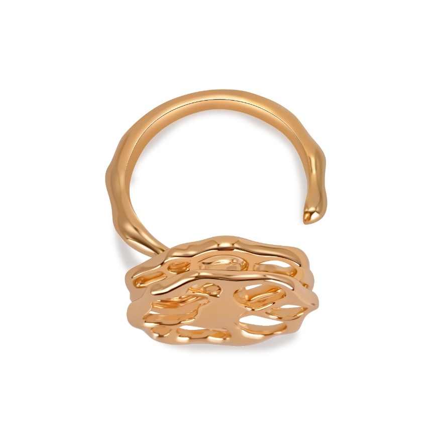 Ploutos Jewellery Ethereal Motion Gold Ring open adjustable view — handcrafted 18K gold-plated 925 sterling silver ring featuring a sculptural rotating design. Modern artistic jewellery from the Abundance Collection, symbolizing movement and individuality.