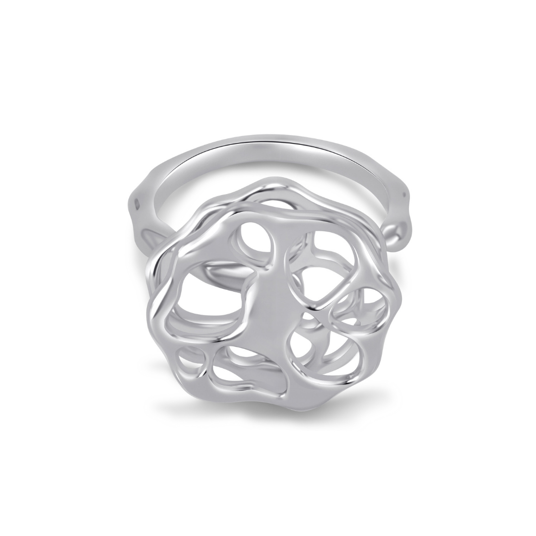 Ploutos Jewellery Ethereal Motion Silver Ring — modern sculptural ring handcrafted from 925 sterling silver with rhodium plating. Features a fluid, two-layer rotating design that moves with the wearer’s energy. Adjustable and elegant, this statement ring from the Abundance Collection symbolizes freedom, grace, and individuality.